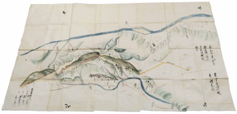 Manuscript Watercolour Map Illustrating the Village of Ashinazawa Tamayamababa and Its Environs