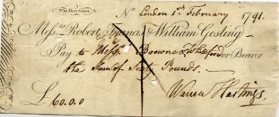 Cheque made out and signed by Hastings (in full 'Warren Hastings') to Messrs Browne & Whitefoord for £60.