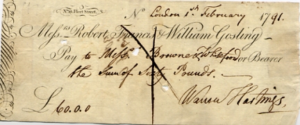 Cheque made out and signed by Hastings (in full 'Warren Hastings') to Messrs Browne & Whitefoord for £60.