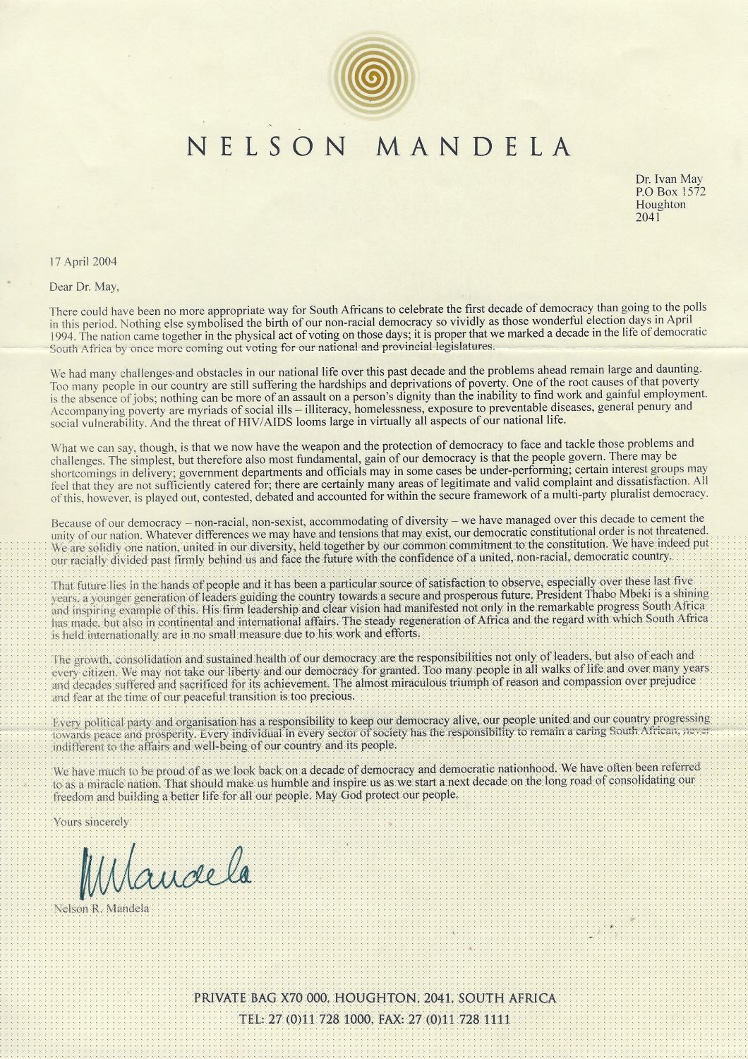 A fine content signed letter by Mandela