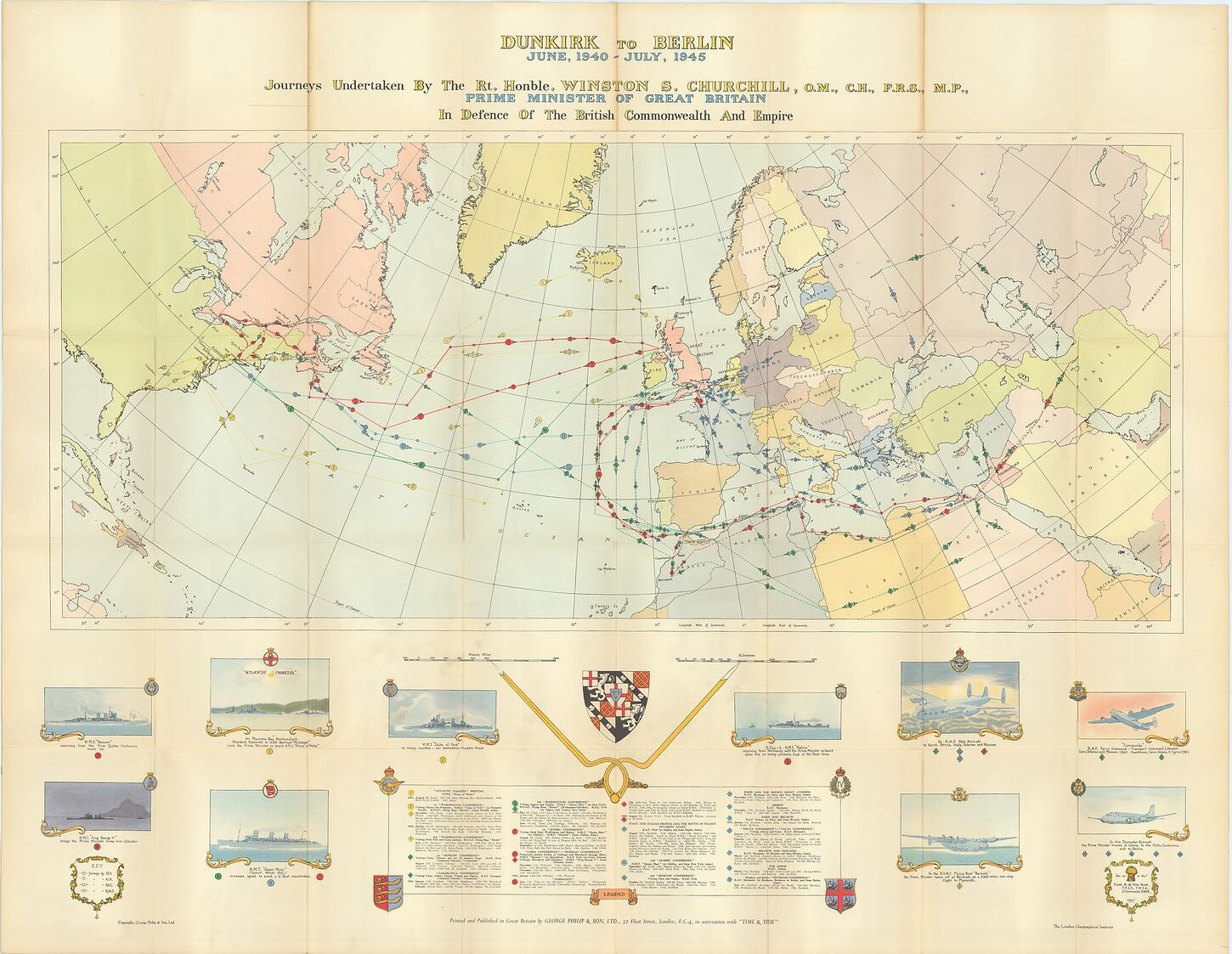 Dunkirk to Berlin. June 1940 - July 1945. A map of the Historic Wartime Journeys undertaken by The Right Hon. Sir Winston Churchill