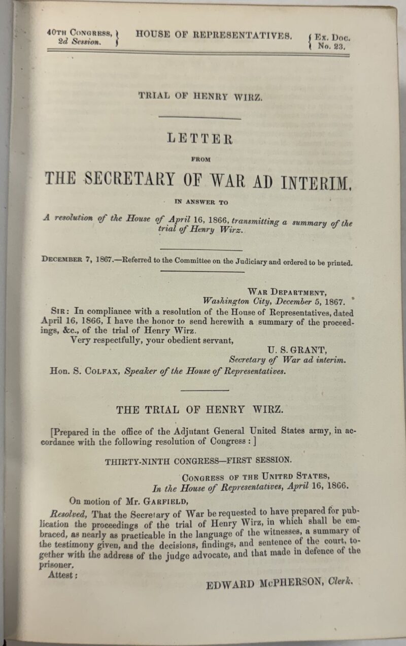 TRIAL OF HENRY WIRZ. LETTER FROM THE SECRETARY OF WAR AD INTERIM